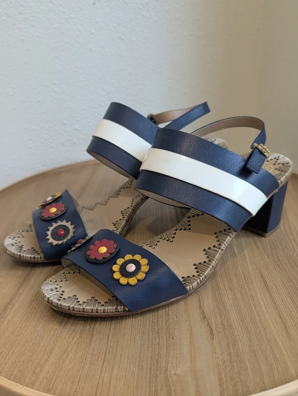 Tory Burch Navy and White Floral Appliqué Block Heel Sandals